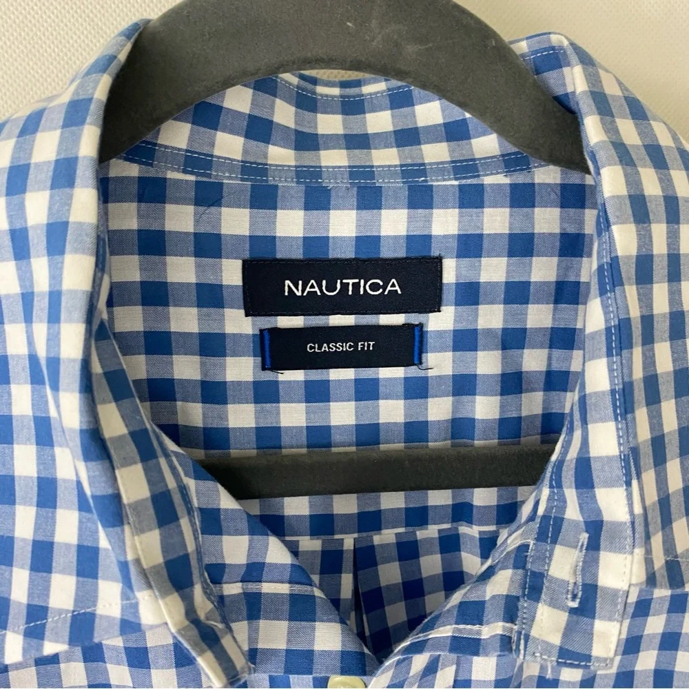 Nautica men’s Blue and White Gingham Casual dress button down classic fit Shirt - Picture 3 of 6